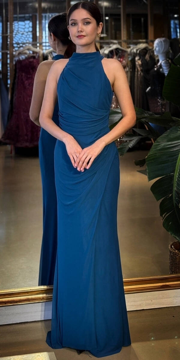 Petrol Renk Halter Yaka Yırtmaçlı Düz Kesim Likralı Tül Uzun Abiye Elbise 11084-12 - 1