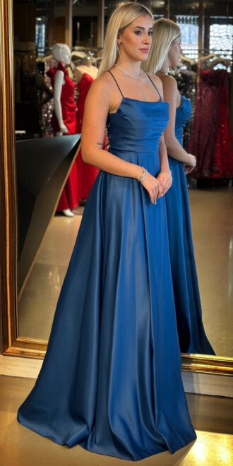 Petrol Renk İp Askılı Sırt Dekolteli Kloş Etekli Saten Uzun Abiye Elbise 7764 - 2