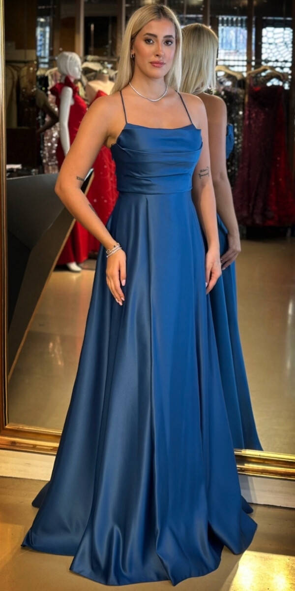 Petrol Renk İp Askılı Sırt Dekolteli Kloş Etekli Saten Uzun Abiye Elbise 7764 - 1