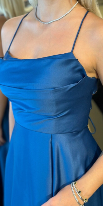 Petrol Renk İp Askılı Sırt Dekolteli Kloş Etekli Saten Uzun Abiye Elbise 7764 - 4