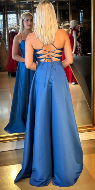 Petrol Renk İp Askılı Sırt Dekolteli Kloş Etekli Saten Uzun Abiye Elbise 7764 - 5