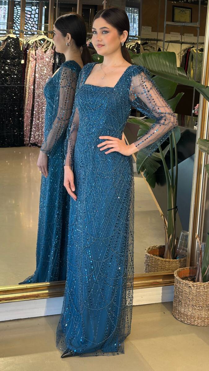 Petrol Renk Kare Yaka Uzun Kollu Kloş Etekli Pullu Boncuklu Uzun Abiye Elbise 11047-22 - 2