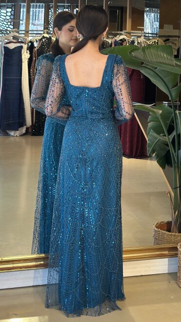 Petrol Renk Kare Yaka Uzun Kollu Kloş Etekli Pullu Boncuklu Uzun Abiye Elbise 11047-22 - 5