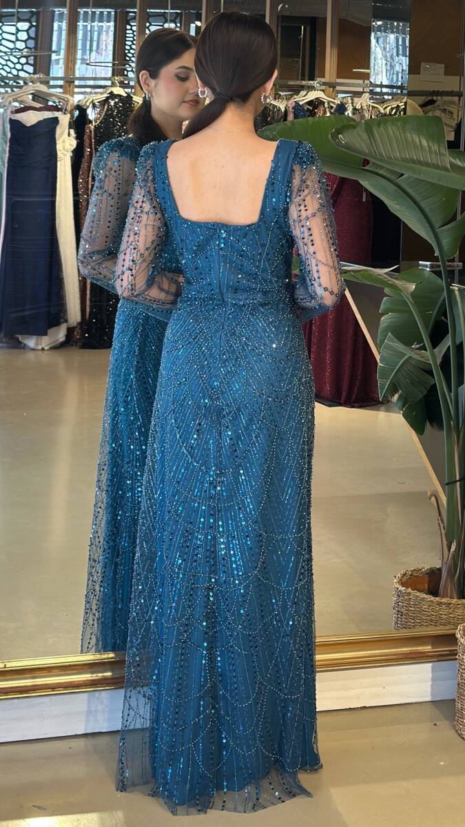 Petrol Renk Kare Yaka Uzun Kollu Kloş Etekli Pullu Boncuklu Uzun Abiye Elbise 11047-22 - 5