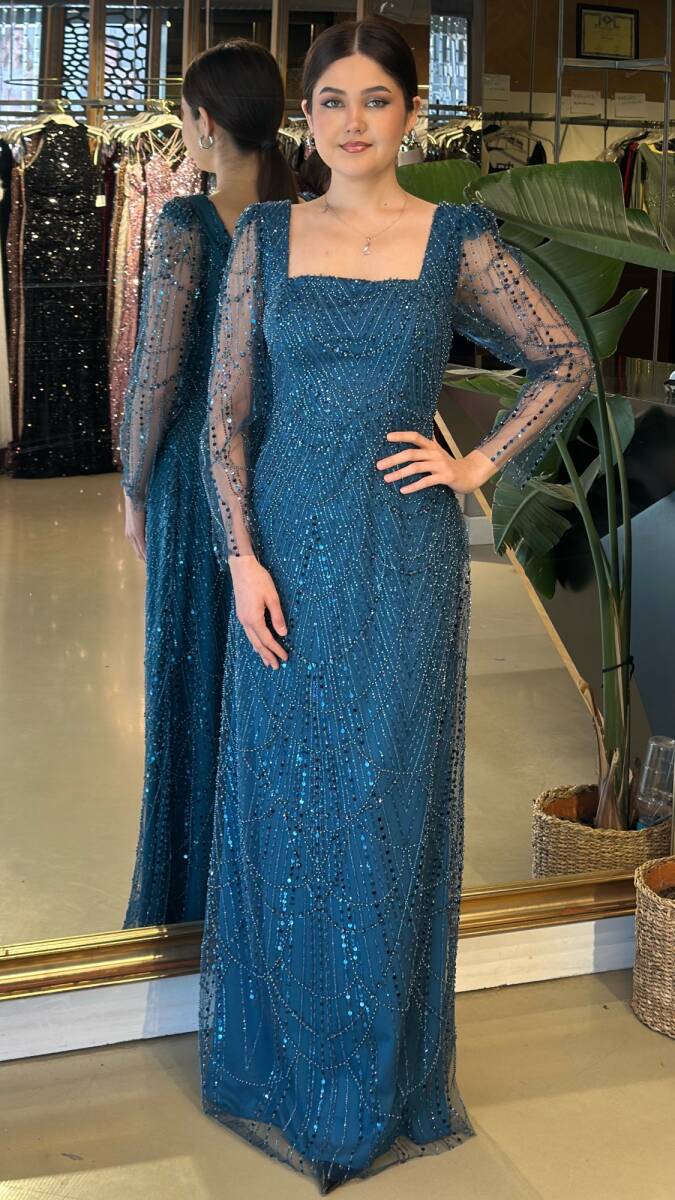 Petrol Renk Kare Yaka Uzun Kollu Kloş Etekli Pullu Boncuklu Uzun Abiye Elbise 11047-22 - 1