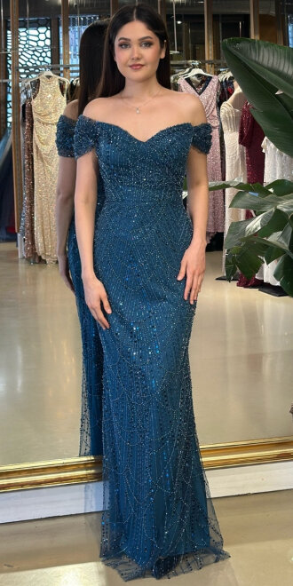 Petrol Renk Madonna Yaka Sırt Dekolteli Düz Kesim Pullu Boncuklu Uzun Abiye Elbise 11044-25 