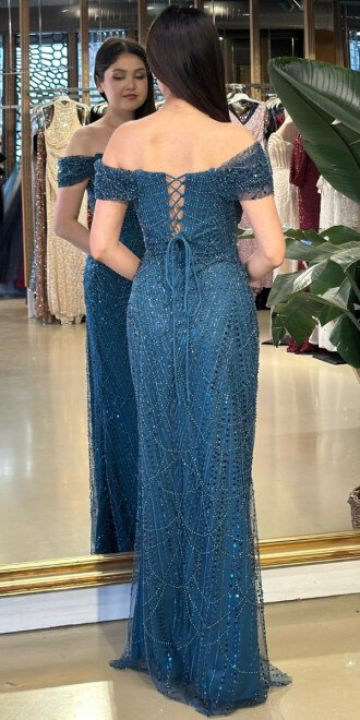 Petrol Renk Madonna Yaka Sırt Dekolteli Düz Kesim Pullu Boncuklu Uzun Abiye Elbise 11044-25 - 5