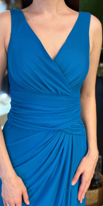 Petrol Renk V Yaka Kalın Askı Anvelop Yırtmaçlı Düz Kesim Likralı Tül Uzun Abiye Elbise 11123-08 - 4