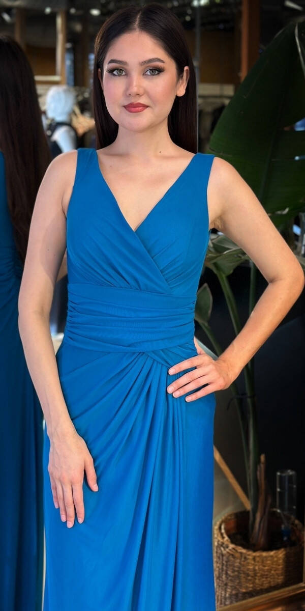 Petrol Renk V Yaka Kalın Askı Anvelop Yırtmaçlı Düz Kesim Likralı Tül Uzun Abiye Elbise 11123-08 - 3