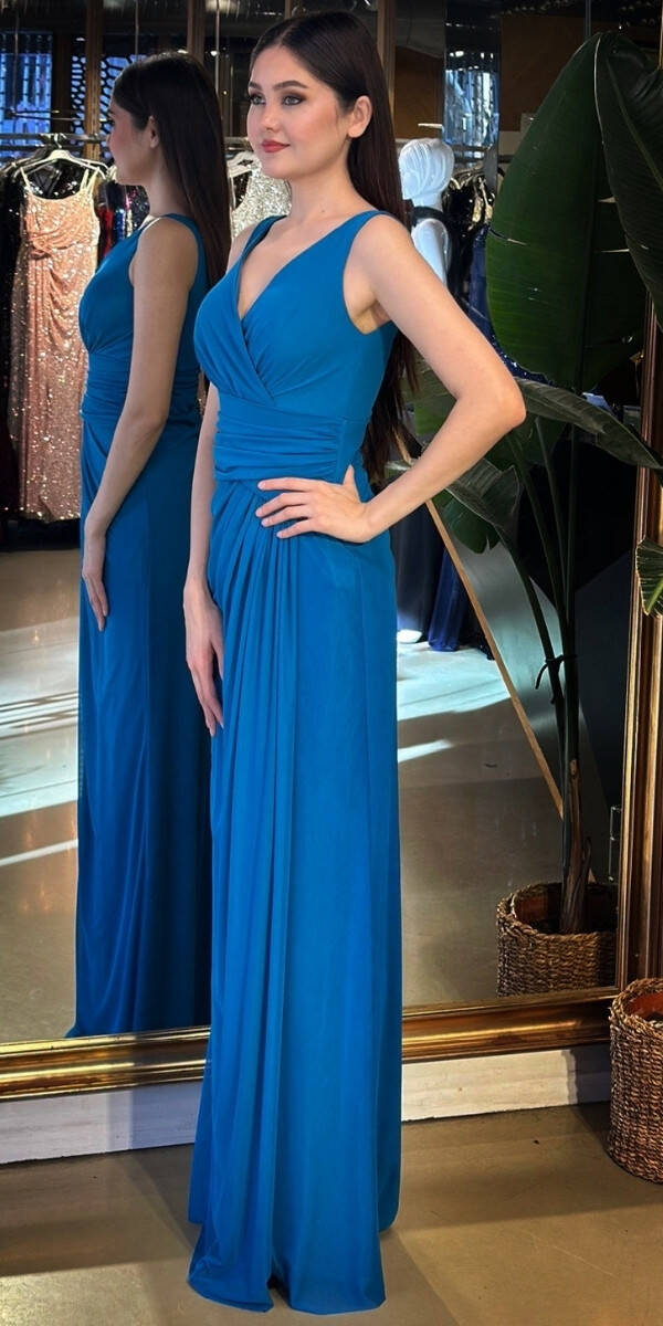 Petrol Renk V Yaka Kalın Askı Anvelop Yırtmaçlı Düz Kesim Likralı Tül Uzun Abiye Elbise 11123-08 - 2