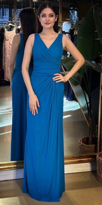 Petrol Renk V Yaka Kalın Askı Anvelop Yırtmaçlı Düz Kesim Likralı Tül Uzun Abiye Elbise 11123-08 - abiyeniall