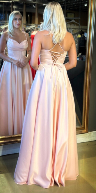 Pudra İp Askılı Sırt Dekolteli Kloş Etekli Saten Uzun Abiye Elbise 7783 - 5