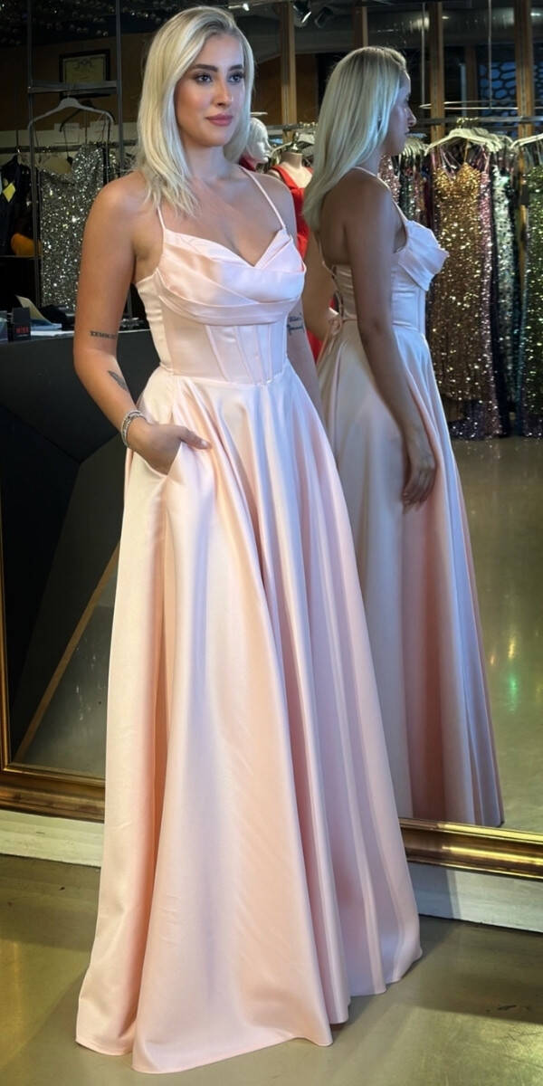 Pudra İp Askılı Sırt Dekolteli Kloş Etekli Saten Uzun Abiye Elbise 7783 - 2