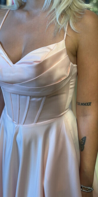 Pudra İp Askılı Sırt Dekolteli Kloş Etekli Saten Uzun Abiye Elbise 7783 - 4