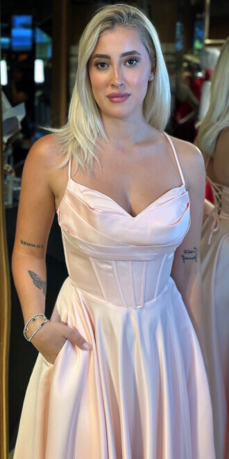 Pudra İp Askılı Sırt Dekolteli Kloş Etekli Saten Uzun Abiye Elbise 7783 - 3