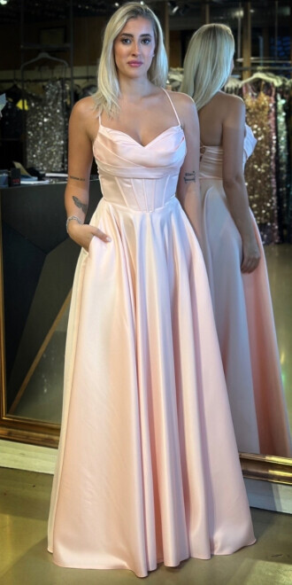 Pudra İp Askılı Sırt Dekolteli Kloş Etekli Saten Uzun Abiye Elbise 7783 