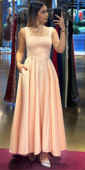 Pudra Renk Kalın Askı Kloş Etekli Saten Midi Abiye Elbise 7631 