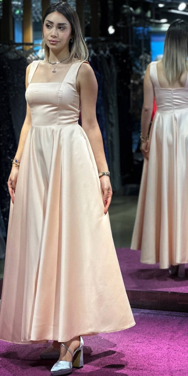 Pudra Renk Kalın Askı Kloş Etekli Saten Midi Abiye Elbise 7631 - 3