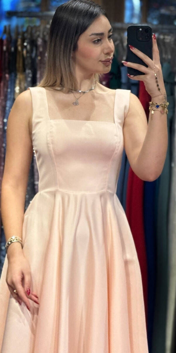 Pudra Renk Kalın Askı Kloş Etekli Saten Midi Abiye Elbise 7631 - 2