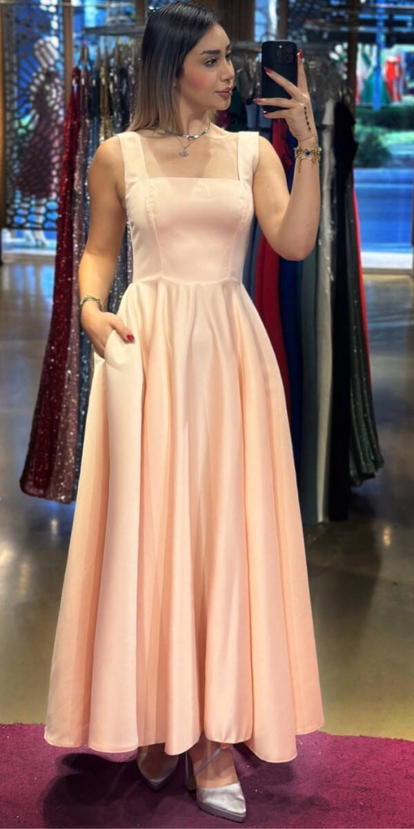 Pudra Renk Kalın Askı Kloş Etekli Saten Midi Abiye Elbise 7631 - 1