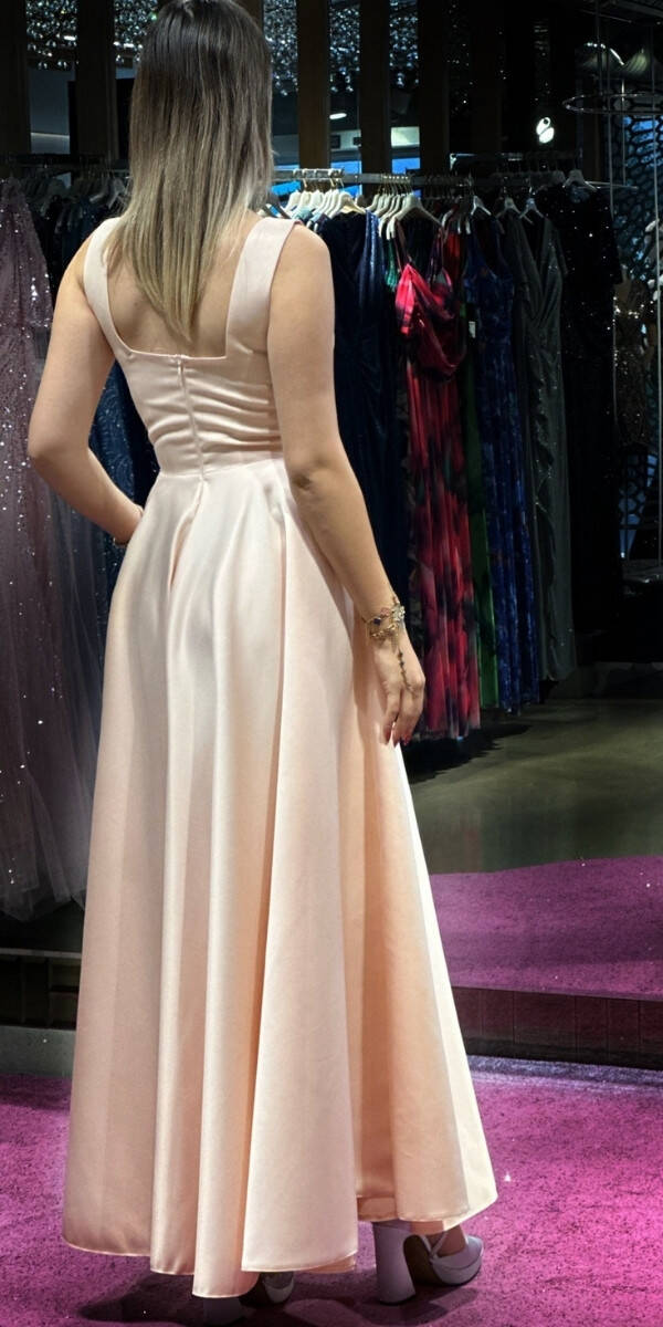 Pudra Renk Kalın Askı Kloş Etekli Saten Midi Abiye Elbise 7631 - 4