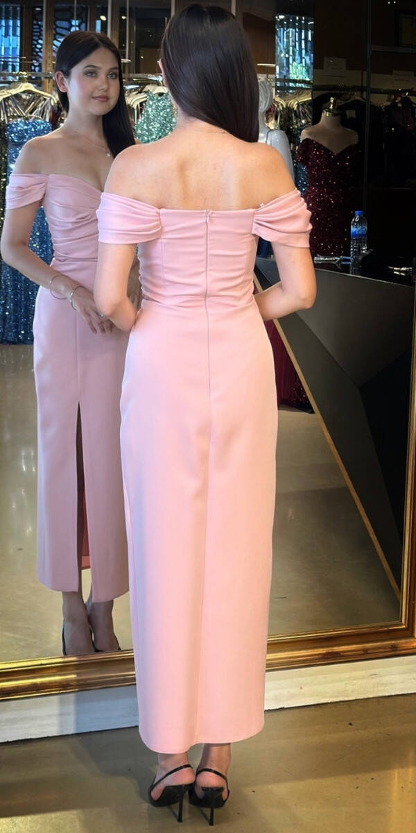 Pudra Madonna Yaka Yırtmaçlı Düz Kesim Krep Midi Abiye Elbise 7696 - 5