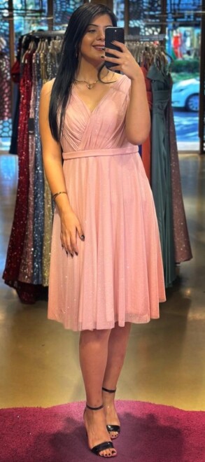 Pudra Renk Kalın Askı Kloş Etekli Simli Kısa Abiye Elbise 7119 - abiyeniall