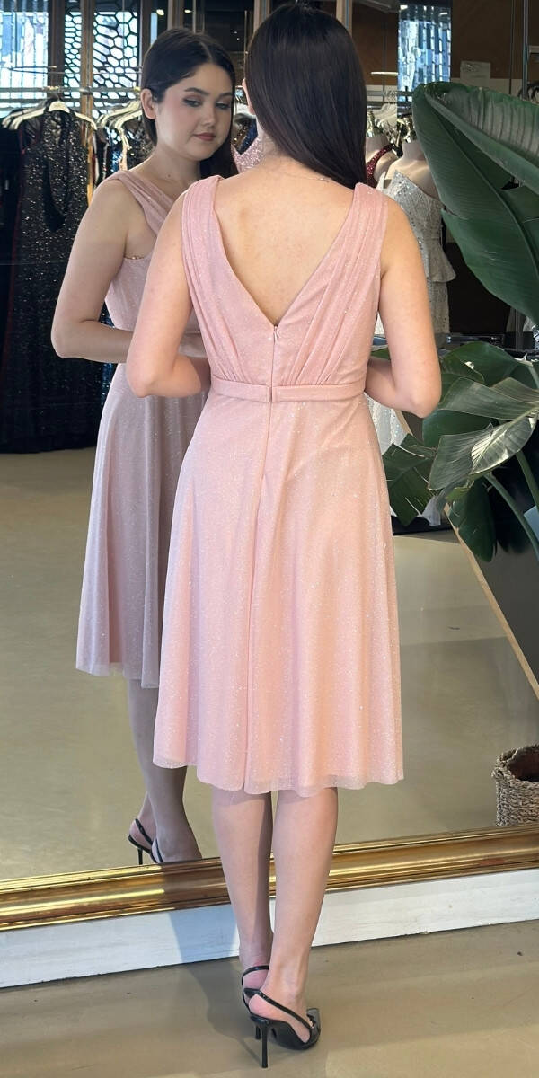 Pudra Renk Kalın Askı Kloş Etekli Simli Kısa Abiye Elbise 7119 - 2