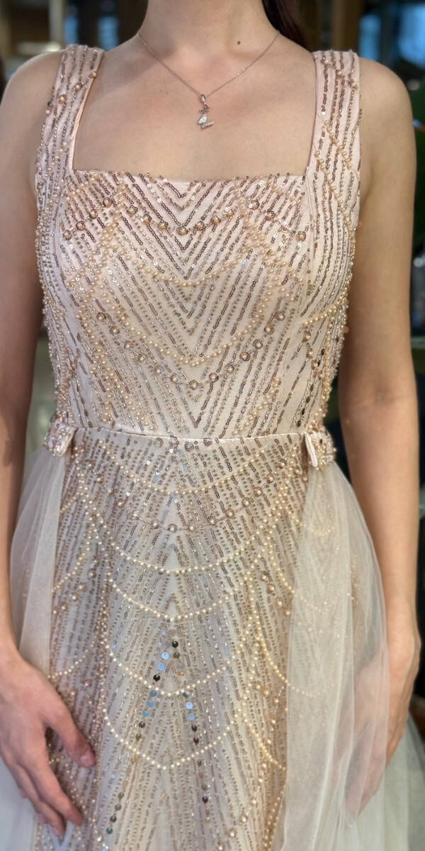 Pudra Renk Kare Yaka Kalın Askı Çıkarılabilir Kuyruk Pullu Boncuklu Uzun Abiye Elbise 11055-02 - 3