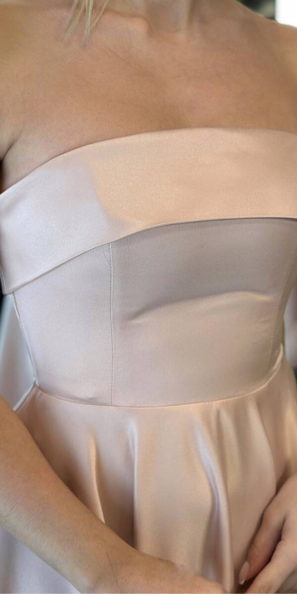 Pudra Renk Straplez Yaka Kloş Etekli Saten Midi Abiye Elbise 7647 - 4