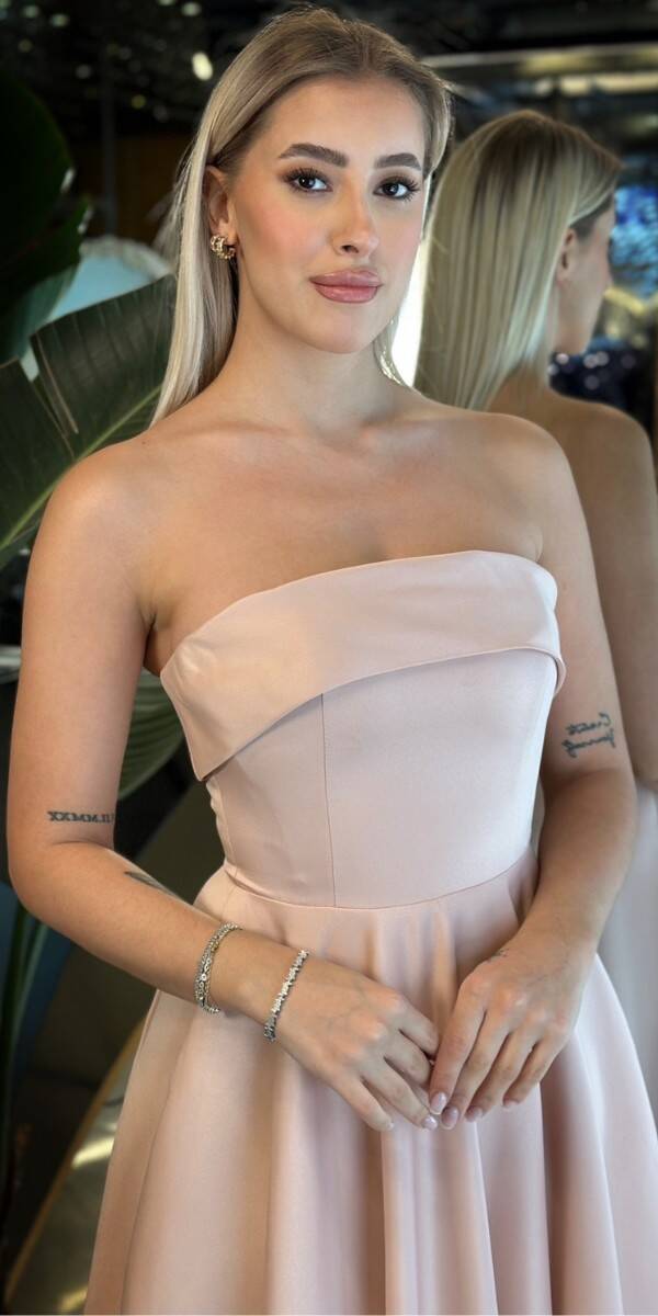 Pudra Renk Straplez Yaka Kloş Etekli Saten Midi Abiye Elbise 7647 - 2