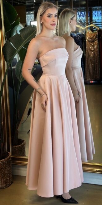 Pudra Renk Straplez Yaka Kloş Etekli Saten Midi Abiye Elbise 7647 - 3