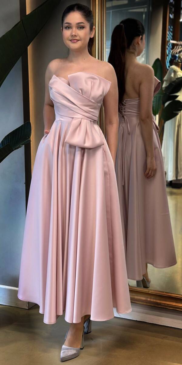 Pudra Renk Kloş Etekli Straplez Yaka Saten Midi Abiye Elbise 7657 - 1
