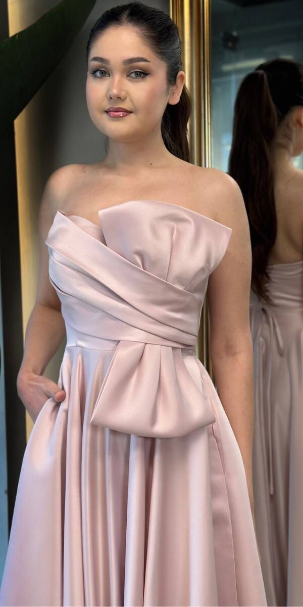 Pudra Renk Kloş Etekli Straplez Yaka Saten Midi Abiye Elbise 7657 - 2