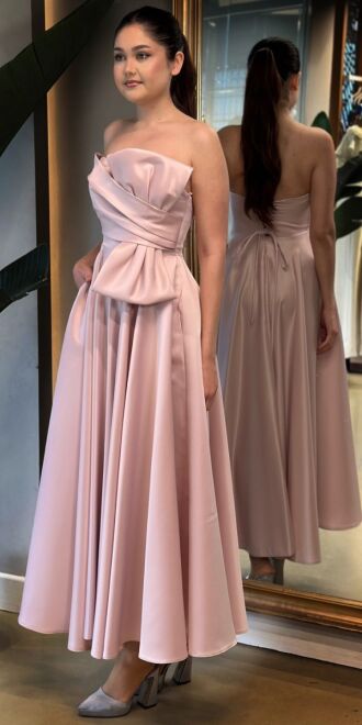 Pudra Renk Kloş Etekli Straplez Yaka Saten Midi Abiye Elbise 7657 - 3