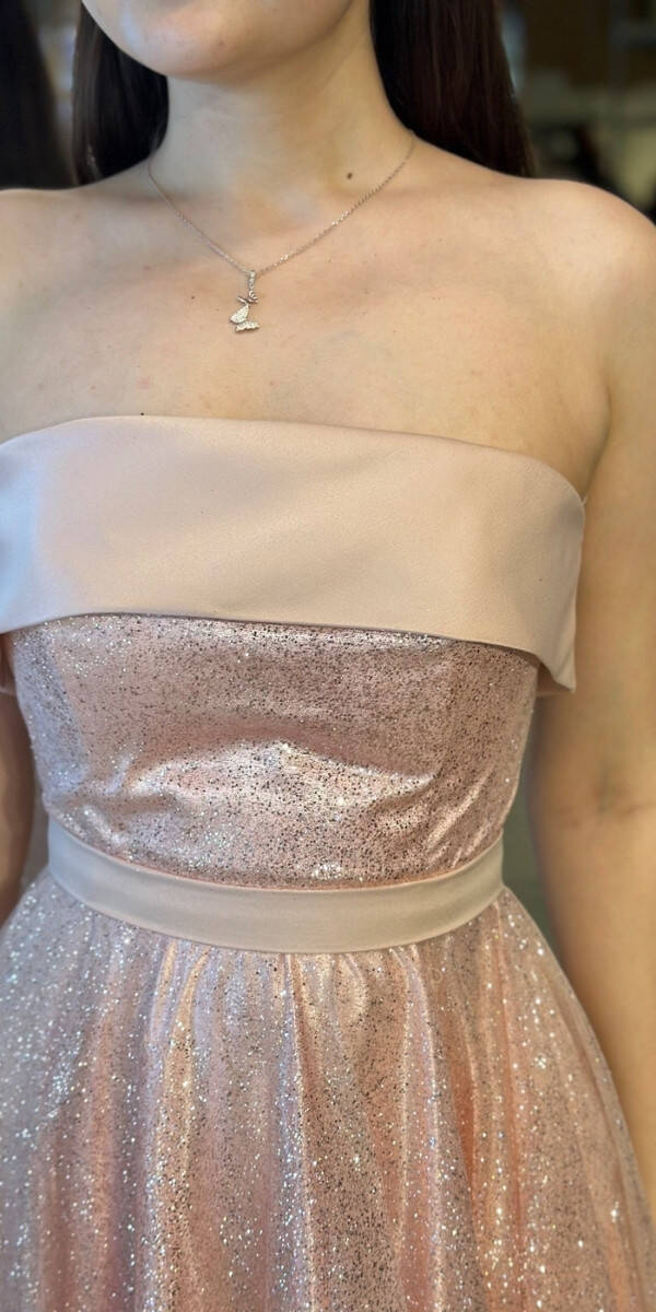 Pudra Renk Starplez Yaka Kloş Etekli Tül Uzun Abiye Elbise 7743 - 3