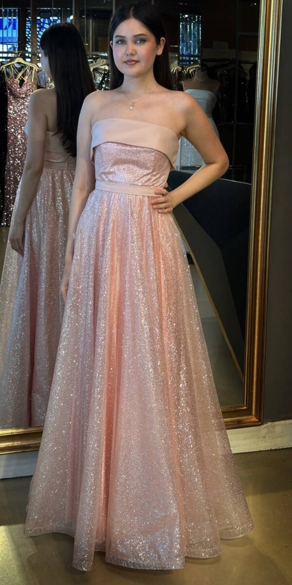 Pudra Renk Starplez Yaka Kloş Etekli Tül Uzun Abiye Elbise 7743 - 1