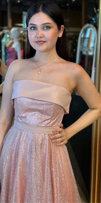 Pudra Renk Starplez Yaka Kloş Etekli Tül Uzun Abiye Elbise 7743 - 2