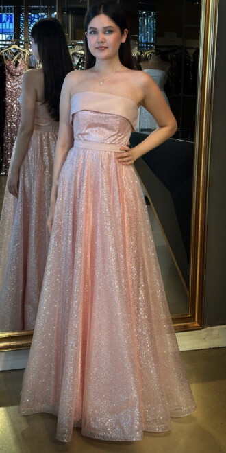 Pudra Renk Starplez Yaka Kloş Etekli Tül Uzun Abiye Elbise 7743 