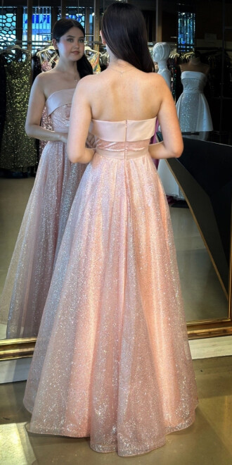 Pudra Renk Starplez Yaka Kloş Etekli Tül Uzun Abiye Elbise 7743 - 4