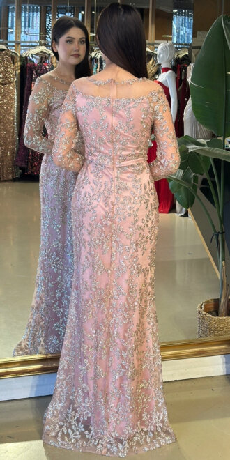 Pudra Renk Yuvarlak Yaka Uzun Kollu Düz Kesim Simli Uzun Abiye Elbise 11030-01 - 5