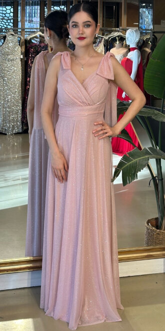 Pudra Simli Uzun Abiye Elbise 7557 