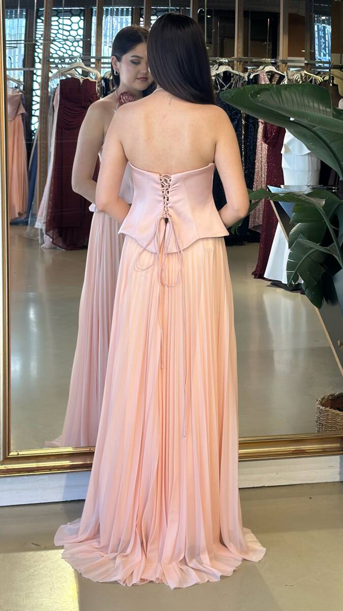 Pudra Straplez Yaka Çiçek Detaylı Kloş Etekli Tül Uzun Abiye Elbise 11153-07 - 5