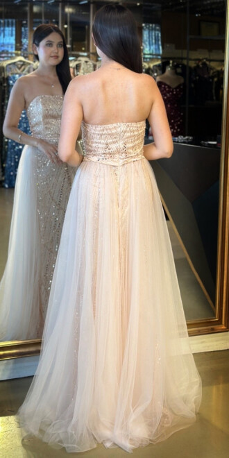 Pudra Straplez Yaka Tül Pelerin Etekli Pullu Boncuklu Uzun Abiye Elbise 7705 - 5