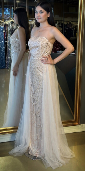 Pudra Straplez Yaka Tül Pelerin Etekli Pullu Boncuklu Uzun Abiye Elbise 7705 - 2