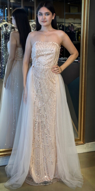 Pudra Straplez Yaka Tül Pelerin Etekli Pullu Boncuklu Uzun Abiye Elbise 7705 