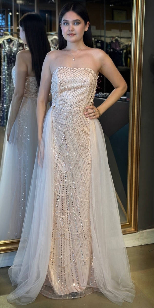 Pudra Straplez Yaka Tül Pelerin Etekli Pullu Boncuklu Uzun Abiye Elbise 7705 - 1