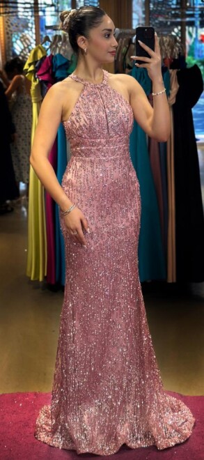 Rose Balık Etekli Simli Uzun Abiye Elbise 7460 - abiyeniall