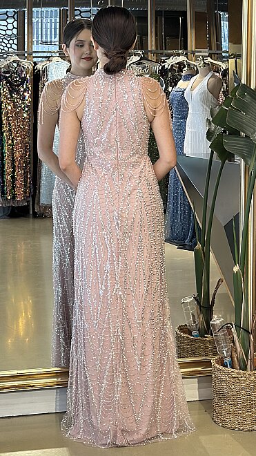 Rose Halter Yaka Boncuk İşlemeli Düz Kesim Pullu Boncuklu Uzun Abiye Elbise 11154-12 - 5