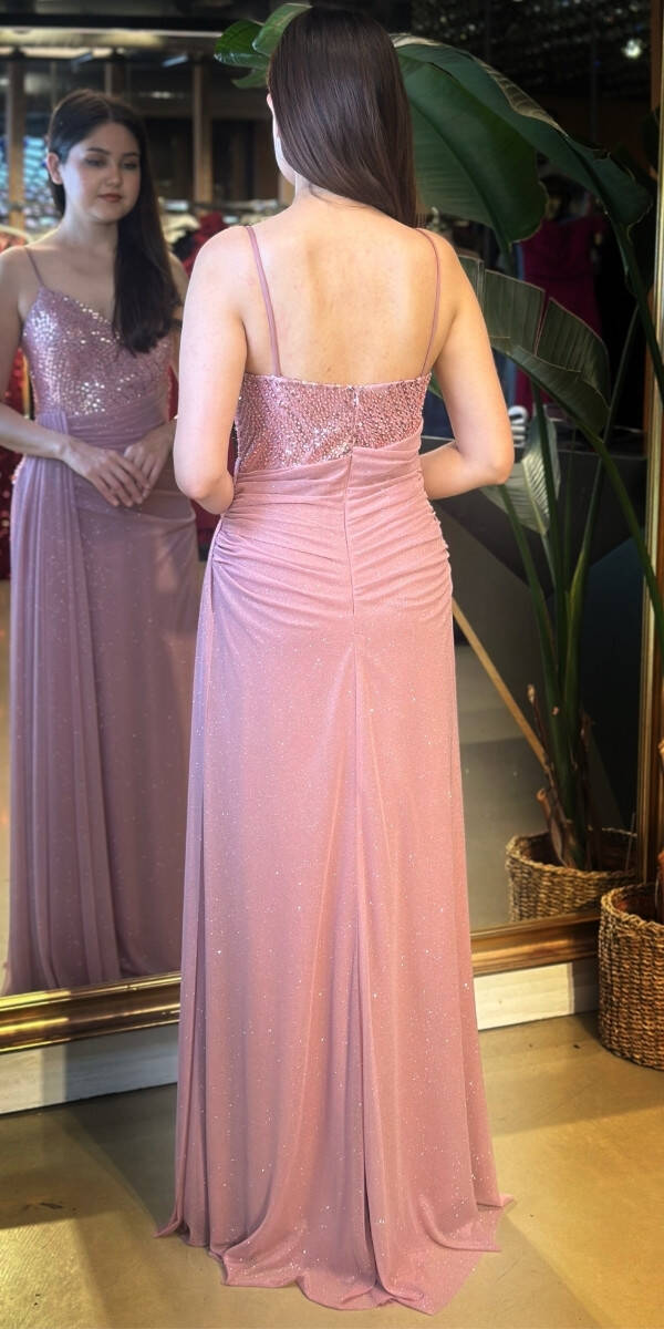 Rose İp Askılı Düz Kesim Simli Uzun Abiye Elbise 7767 - 4